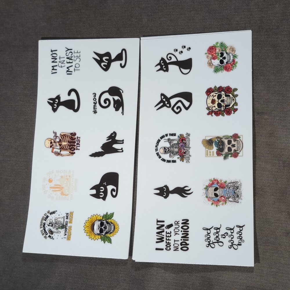 UV DTF Cup Wrap Rub On Transfer Stickers 2 x 10 Sheet Spooky Cats Skulls NEW